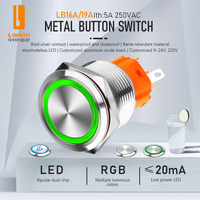 LANBOO-Interruptor de botón de metal luminoso, 16mm, 19mm, 3A, con reinicio de autobloqueo, 1NO1NC, resistente al agua IP65, rojo, verde, azul