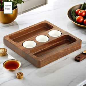 Piatto da portata rettangolare in legno massello di acacia, il più popolare per ristoranti, per dim sum e patatine fritte, con scomparti e vassoio per salse - Product Image 3