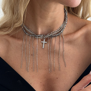 Collar de cobre estilo frío único con borlas cruzadas y colgante de perla, broche de amor dulce para mujer - Product Image 3
