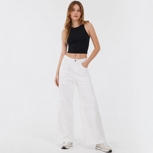 Pantaloni Larghi da Donna Bianchi a <span class=keywords><strong>Vita</strong></span> <span class=keywords><strong>Alta</strong></span>, Taglio Dritto, in Misto Rayon <span class=keywords><strong>Lino</strong></span> Lyocell, Traspiranti e Comodi, Casual - Product Image 3