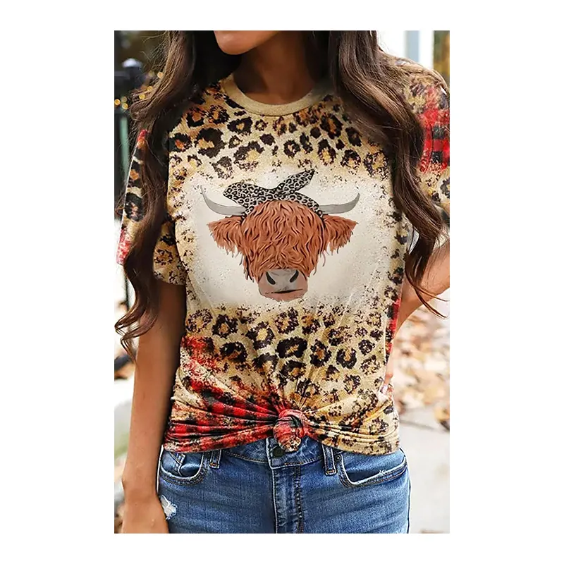 Großhandel Damen Western Leopard Shirts Kuhkopf Druck Buchstaben Lose Bluse