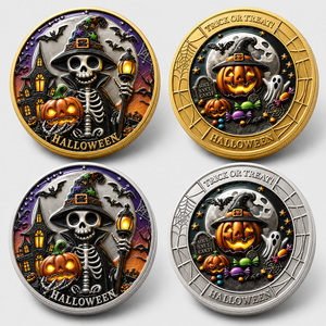 Médaille commémorative 3D en alliage <span class=keywords><strong>de</strong></span> zinc, plaquée or et argent, avec motifs en relief, squelette, citrouille, friandise ou farce, souvenir cadeau <span class=keywords><strong>pour</strong></span> Halloween - Product Image 1