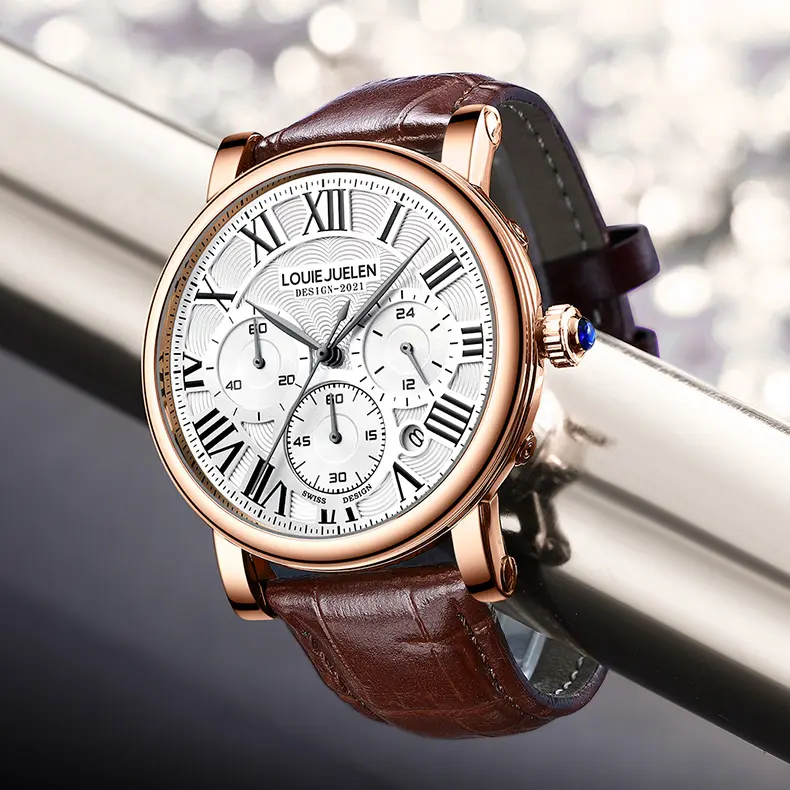 Men's Quartz Watches High Quality Genuine Leather Waterproof Chronograph Multi-function Custom Logo Reloj Hombre Orologio Uomo