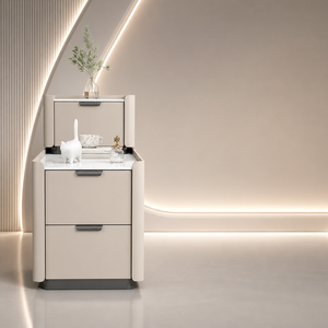 Comodino Moderno e Sottile con 3 Cassetti, Piano in Vetro, Ricarica Wireless, Illuminazione LED, Arredamento per Camera da Letto e Appartamento - Product Image 5