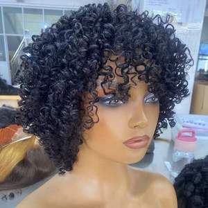 Full Machine Made No Lace Glueless Peruca com Franja Pronto para Ir 100% Cabelo Humano Brasileiro Bouncy Jerry Curl Gluless Perucas - Product Image 1