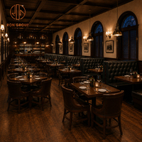 Meubles de restaurant de luxe Ron Group, table carrée en bois massif, banquette en cuir capitonnée, chaise personnalisée avec structure en bois