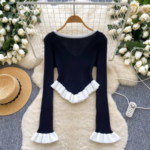 GX0768 Boutique Mode 2025 Herbst Damenbekleidung Lieferant Elegante Sexy Blusen Strick Langarm V-Ausschnitt Irreguläre Tops - Product Image 3
