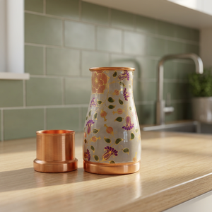 Premium Printed Pure Copper Bedside Water Carafe Jar 950ml Gold Foil Floral Pattern <b>Pot</b> Luxury Meenakari Metal Drinkware <b>Set</b> - Product Image 2
