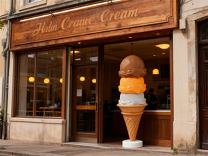 Sculpture géante personnalisée en forme de cornet de glace pour l'entrée d'un magasin de desserts, statue en fibre de verre brillante pour la décoration extérieure des magasins - Product Image 1