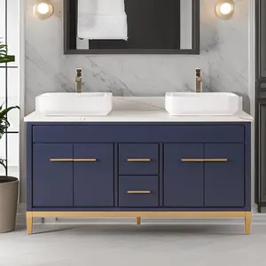 Modern mermer tezgah lavabosu banyo Vanity çift lavabo mavi banyo dolapları ve bâtıla