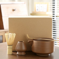 Ensemble de thé Matcha en céramique avec bol, fouet (Chasen) Hyakumoto-dachi, support et emballage complet – Ensemble Matcha à glaçure réactive striée