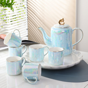 Hand-painted ceramic tea <b>set</b> with aquamarine patterns, gold-rimmed <b>teapot</b> and tea tray, housewarming gift <b>set</b> - Product Image 2