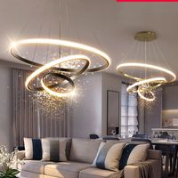 Lustre suspendu rond de luxe pour salon d'hôtel avec 3 anneaux ligne circulaire acrylique métal doré suspension LED