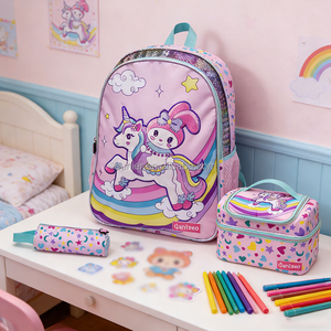Set di 3 Zaini Scolastici a Tema <span class=keywords><strong>Unicorno</strong></span> per Bambine, Zaino Cartoon 3 Pezzi con Borsa per il Pranzo e Astuccio per Studenti - Product Image 2