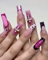 Faux ongles longs carrés à couverture complète, rouge nude, French manucure, faits main, motif lèvres rouges, cerises 3D, strass, nœuds dorés, breloques métalliques, style épicé