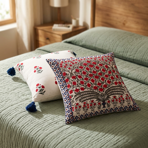 PRABHAVA Hand Block Printed Floral Cotton Throw <b>Pillow</b> Cover <b>Square</b> Zipper Washable Customizable 16x16 600TC Decorative - Product Image 3