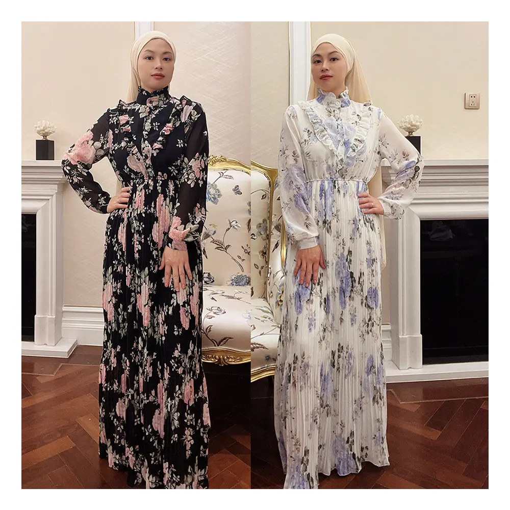 2023 नवीनतम थोक दुबई मामूली मुस्लिम फैशन सुरुचिपूर्ण लंबी मैक्सी पुष्प प्रिंट Pleated शिफॉन पोशाक Abaya मुस्लिम महिलाओं के लिए