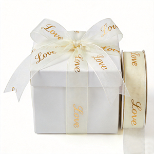 Custom Printed Organza <b>Ribbon</b> Happy Wedding Love Gold Foil Sheer <b>Ribbon</b> Rolls for Gift Wrapping Wedding Bouquet Decoration - Product Image 5