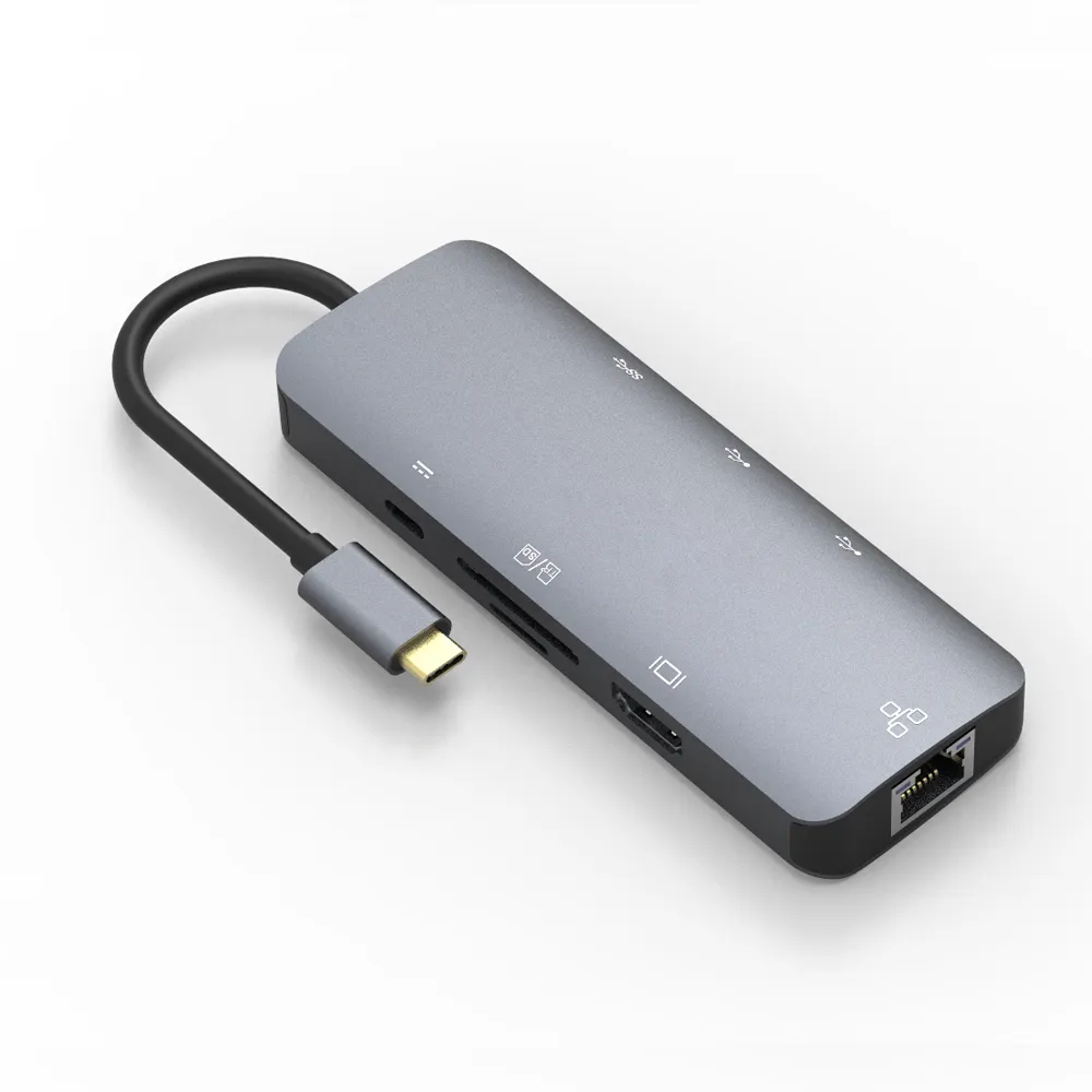 Jika Tautan Aluminium Kualitas Tinggi 8 Port Laptop Stasiun Dok USB C Ke 8 In 1 USB C Hub