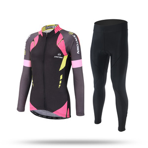 Ensemble de maillot de cyclisme à manches longues pour femme avec logo personnalisé, noir, rose, jaune, fermeture éclair intégrale, pantalon de vélo rembourré pour la pratique et l'entraînement - Product Image 1
