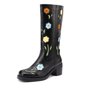 Bottes hautes pour femmes à motif floral rétro, talons épais, chaussures à bout carré large, bottes longues - Product Image 2