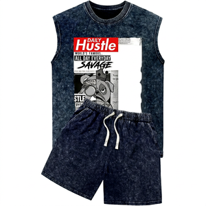 Conjunto de Camiseta sin Mangas para Hombre con Estampado Daily Hustle, Estilo Denim, Ropa Casual de Verano, Cuello Redondo, Transpirable, de Algodón de Secado Rápido - Product Image 1