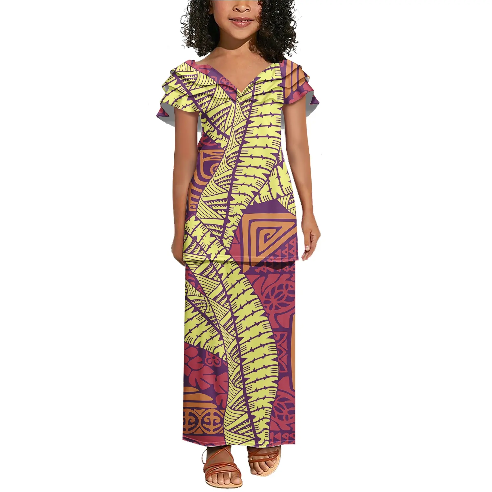 Polynesianische traditionelle Kleider für Kind individuelles Logo Mädchen formeller Anlass Party Puletasi günstig Großhandel komfortables Kinderkleid 2024