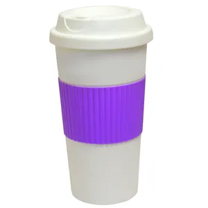 批发环保牢不可破480毫升/16盎司双壁塑料咖啡杯，带硅胶保护套和防滑b