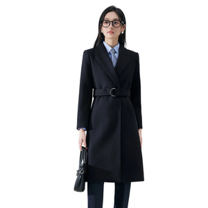 <b>Black</b> Women's Wool Blend <b>Overcoat</b> Long Fitted Waist Thickened Warm Autumn Winter Workwear Professional Coat With Pocket - Product Image 5