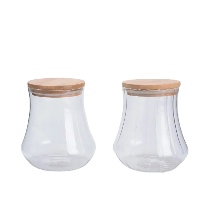 Kitchen Storage Airtight Sealed Food Grade Transparent Glass sea salt Coffee Spice Candy Jar Set Bamboo Lid