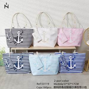 Sac de plage à rayures imprimées numériquement avec ancre, 57x37x17cm, avec petite sangle, pour femme, usage estival - Product Image 3
