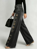 Pantalon évasé noir à œillets métalliques pour femme SOONREE, taille haute, jambe large, style streetwear, personnalisable OEM
