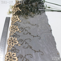 Dentelle brodée en fil métallique noir et or de qualité supérieure, 22 cm, tulle doux, dentelle florale brodée pour robe abaya, lingerie