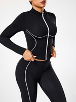 Veste de sport pour femme OEM HUCAI, taille plus, col montant, fermeture éclair intégrale, coutures contrastées blanches, fitness, gym, course à pied, yoga