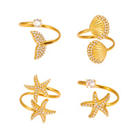 Bague ouverte en acier inoxydable fin, incrustée de zircons, plaquée or 18 carats, motif étoile de mer et coquillage, pour femme, style influenceur