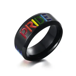 OYA Jewelry Stainless Steel Black Enamel Rainbow Pride Stripe Pride Flag Gay Lesbian Pride Ring Wedding Band for Men