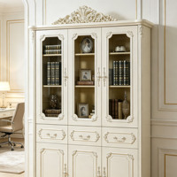 Bibliothèque sculptée européenne blanche, vitrine avec portes vitrées, étagère vintage de rangement pour salon, villa, maison, vente en gros