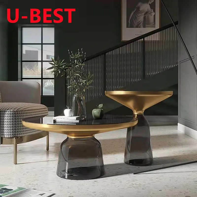 U-BEST Modern Round Tempered Glass Top Living Room Furniture Metal Gold Side Table living room Color Glass Base Coffee Table