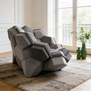 เก้าอี้ดีไซน์มินิมอลทรงหกเหลี่ยม ฐานหมุนได้ หุ้มด้วยผ้ากำมะหยี่สีเทา เฟอร์นิเจอร์คลับ รูปทรงแปลกตาไม่เหมือนใคร เหมาะสำหรับวิลล่า - Product Image 3