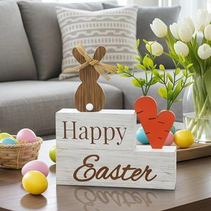 Figura Decorativa de Conejo de Pascua de Madera, Bloque Decorativo Estilo Granja, Decoración de Mesa para Interiores - Product Image 1