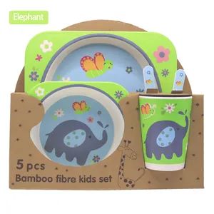 Groothandel Cartoon Dieren Bamboe Vezel Kids Maaltijd Dinnerware_children Servies Sets Met Kom Cup Bord Lepel Vork