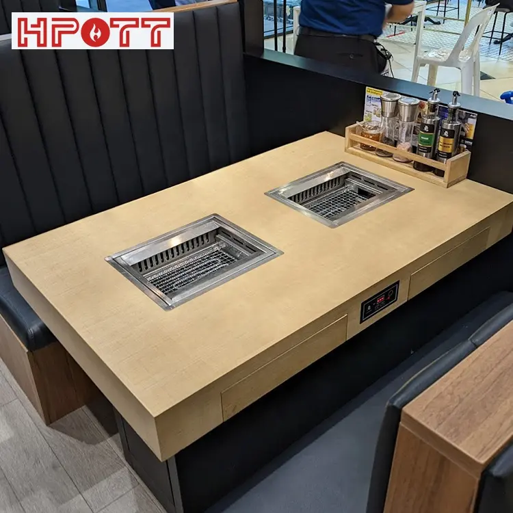 Chinese Restaurants Dineren Elektrische 4-zits Houten Koreaanse Bbq Grill Tafel Met Opslag