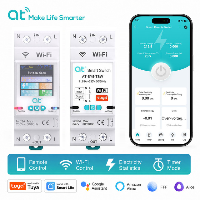 ATELE Tuya Smart WiFi Circuit Breaker 63A 230V DIN Rail Remote Switch with HD Color LCD Screen kWh Energy Monitoring Electricity