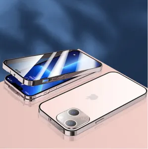 Iphone12 için/13/14 pop toka kral çift taraflı cam telefon kılıfı metal tam paket buzlu koruyucu kapak