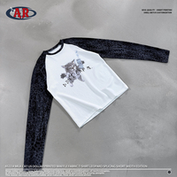 T-shirt court en maille gaufrée à manches longues, imprimé léopard, manches raglan, motif graphique vieilli, col rond, style streetwear