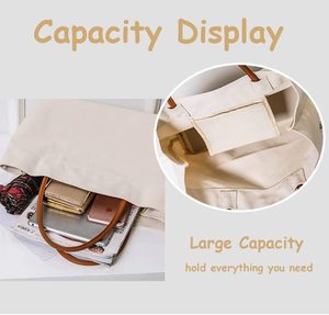 Sac fourre-tout en toile de coton réutilisable pour courses, sacs cadeaux DIY, 12OZ, grandes poignées en cuir, boucle réglable, poche intérieure zippée - Product Image 3