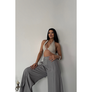 Women's <b>Loose</b>-<b>Fitting</b> Grey Colored Casual <b>Trousers</b> with Front Slit Detail and Belt Breathable Fashion Pants - Product Image 3