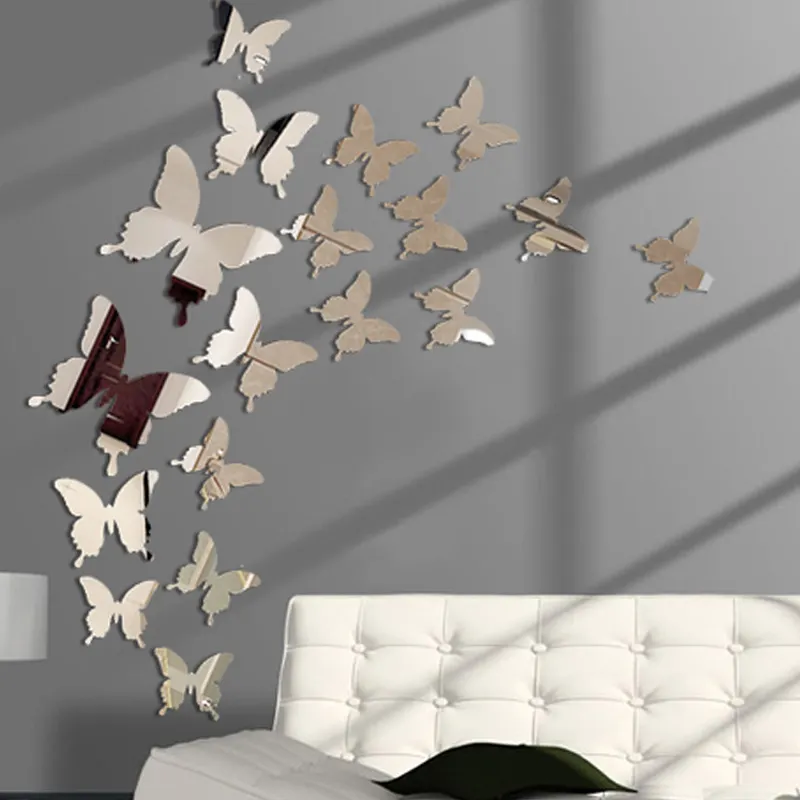 12pcs 3D Butterfly Mirror Wall Stickers Butterflies Wall Decal Removable DIY Wall Art Party Wedding Decor for Home Decorations