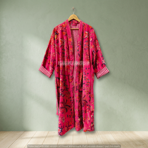 Kimono long en velours imprimé floral rose, écologique, pour femme, avec ceinture, robe de chambre à manches longues, style printemps - Product Image 5