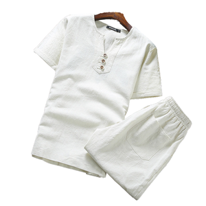 T-shirt d'été pour homme en lin/coton, décontracté, uni, à manches courtes, imprimé sérigraphié, style short - Product Image 1